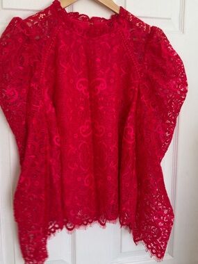 Lilly Pulitzer Vibrant Red Lace Puff-Sleeve Blouse